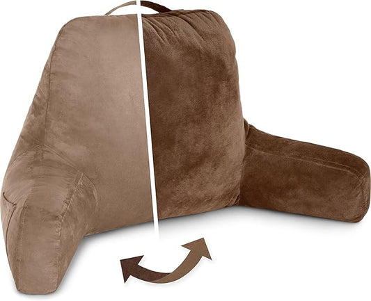 Husband Pillow Aspen Saddle Brown, Reading Pillow Bed Rest Chair, Two-Sided Reversible Fabric, Large Lounge Cushion Adult Backrest with Arms, Comfy Back Support for Sit Sitting Up, Wash/Remove Cover