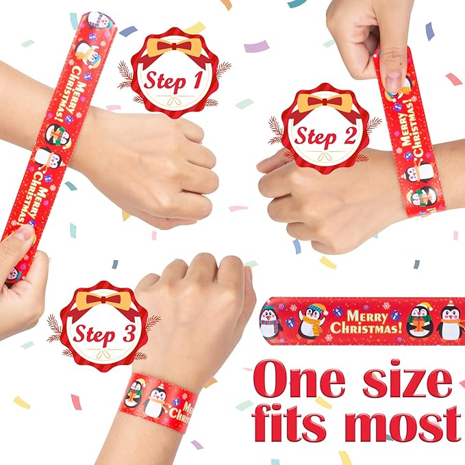 Christmas Slap Bracelet for Kids - 48 Pieces, 24 Colorful Styles - Bulk Christmas Slap Wristbands for Kids Party Favors, Toys Prizes & Goodie Bags Fillers