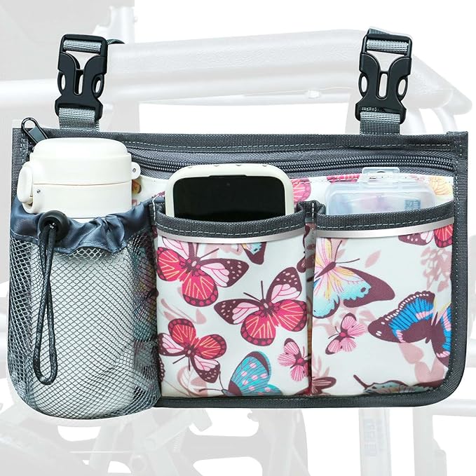 Wheelchair Bag, Walker Bag, Wheelchair Side Bag, Armrest Organizer Pouch with Cup Holder Attachment and Reflective Strip, Accessories for Most Wheelchairs, Walker, Rollators, Butterfly
