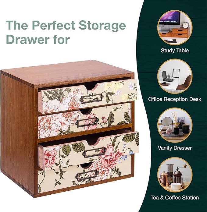 4-Drawer Vintage Desk Organizer with Jacobean Pattern Pastel Flowers Curio Drawer Dresser, Closet, Tabletop - Embroidery Reel Shelf Wood Desktop Organizing Cabinet - Victorian Floral Design