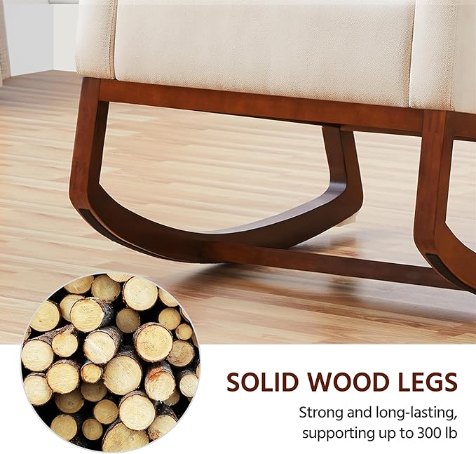 Yaheetech Rocking Chair, Modern Glider Chair, Recliner Armchair with Wood Legs and Side Pocket, Nursery Rocking Accent Chair with High Back for Living Room Bedroom, Beige