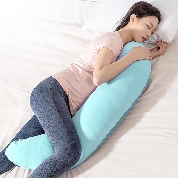 BYRIVER 39" Mint Green Blue C Shaped Body Pillow for Side Sleeping Adults Men Women, Anxiety Relief Hug Pillow, Small Pregnancy Pillow Legs Knees Support, Gifts for New Moms (L)