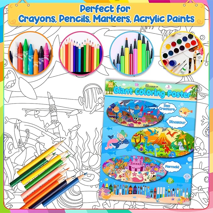 3Pack Giant Coloring Poster, Large Coloring Poster for Kids, Dinosaur, Mermaid, and Sea Animal Huge Big Coloring Page Craft with for Classroom Home Coloring Activities Birthday Gifts Party Favors
