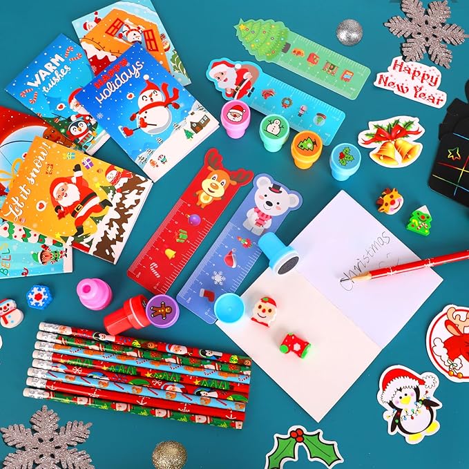 Bluegogo 218Pcs Christmas Party Favors for Kids, Christmas School Stationery Set Christmas Goodie Bags Christmas Toys Bulk Classroom Prizes Christmas Stationery Kit for Party Gift Fillers