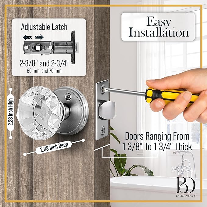 Silver Crystal Door Knob, Glass Door Knobs Interior Non-Locking Set, Antique Decorative Vintage Style for Hallway, Closet, Passage Doors, 1 Pack