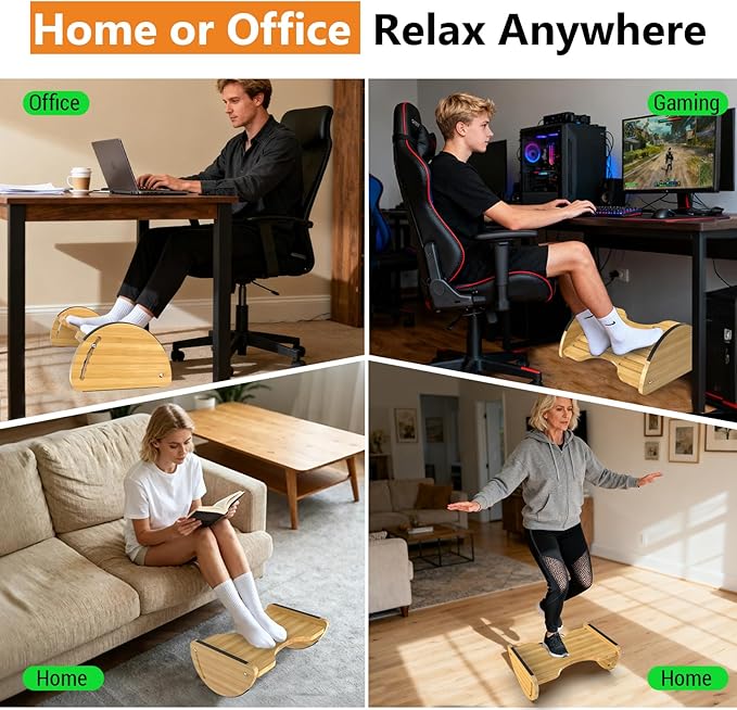Bamboo Foot Rest for Under Desk at Work - Reversible Rocking Under Desk Footrest 2-in-1 with 6 Adjustable Heights, Ergonomic Foot Rest Under Desk with Anti-Slip Surface for Home, Office and Gaming