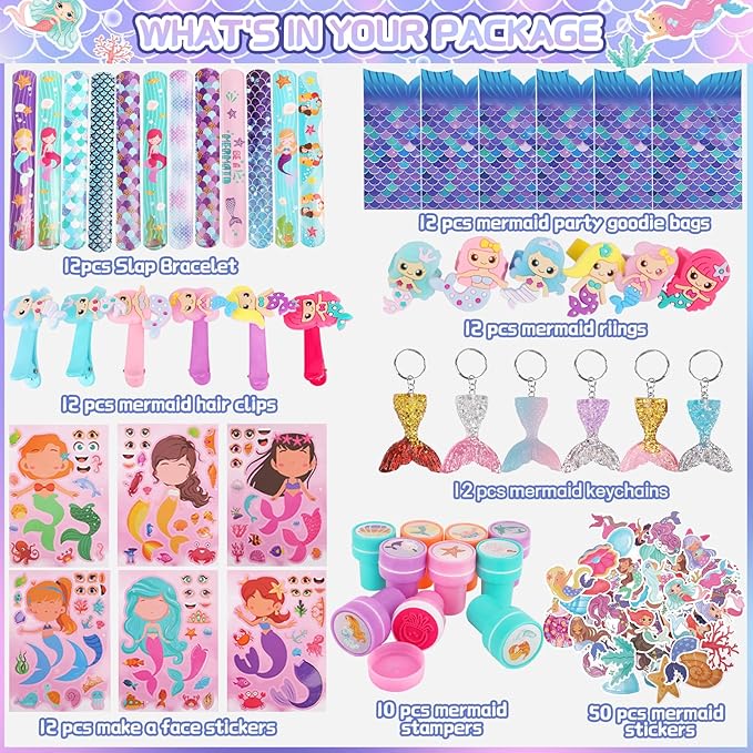 132Pcs Mermaid Party Favors, Mermaid Party Supplies for Girls Include Keychains, Slap Bracelets, Rings, Clips, Stampers, DIY Sticker, Stickers, mermaid goodie bags, Perfect for mermaid give away gift