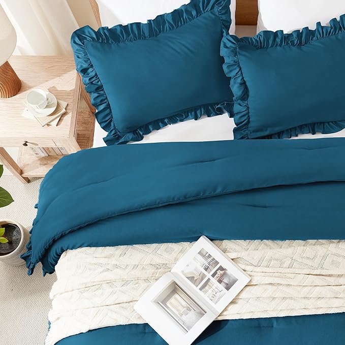 Andency Teal Ruffle Comforter Queen(90x90Inch), 3 Pieces(1 Ruffled Comforter and 2 Pillowcases) Solid Farmhouse Shabby Chic Bed, Vintage Rustic Soft Microfiber Bedding Set
