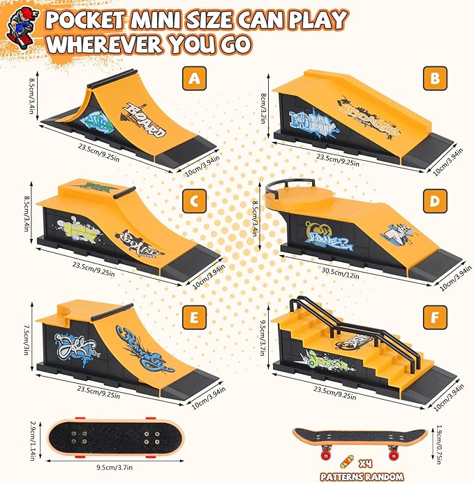 Finger Skateboard Ramps Set, 6-in-1 Bigger Fingerboard Skatepark Skate Park Kit Training Props with 6 Finger Skateboard 6 Finger Deck & Display Holder Finger Skate Toys for Kids & Adults Gifts