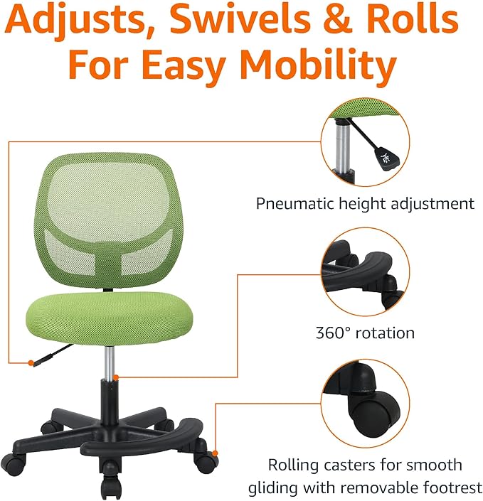 Amazon Basics Kids Adjustable Mesh Low-Back Swivel Study Desk Chair with Footrest, Green