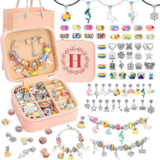 Charm Bracelet Making Kit for Girls 3-12, Kids Jewelry Making Kit 66Pcs Jewelry Kits for Girls Ages 8-12 Jewelry Maker Craft Necklace Birthday Christmas Gifts with Initial Jewelry Organizer Box - H