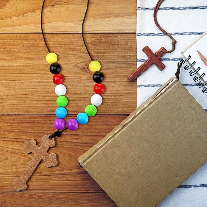 16 Set DIY Wooden Cross Necklaces Christian Crafts DIY Cross Necklace with Colorful Assorted Beads for Sunday Crafts Men Women