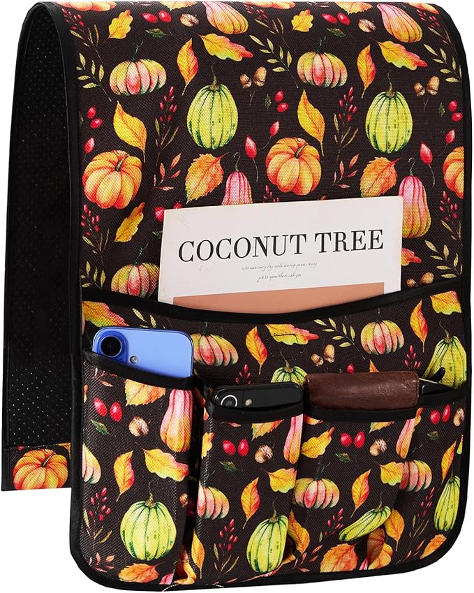 FLYILY Sofa Armrest Organizer Non-Slip Arm Chair Hanging Caddy Remote Control Holder for Magazine,Tablet, Phone, Books, Glasses(BlackPumpkin,13in)