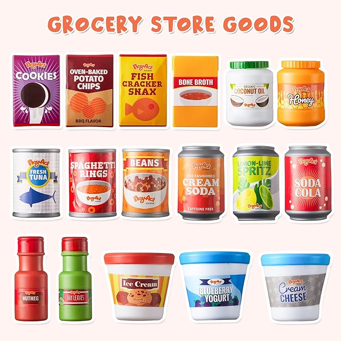 JOYIN 30Pcs Play Food Grocery Cans, Play Kitchen Accessories, Includes Drink, Juice, Jar, Seasoning, Water Bottle, Sauce, Yogurt, Ice Cream, Snack Box, Kids Gifts & Indoor Toys
