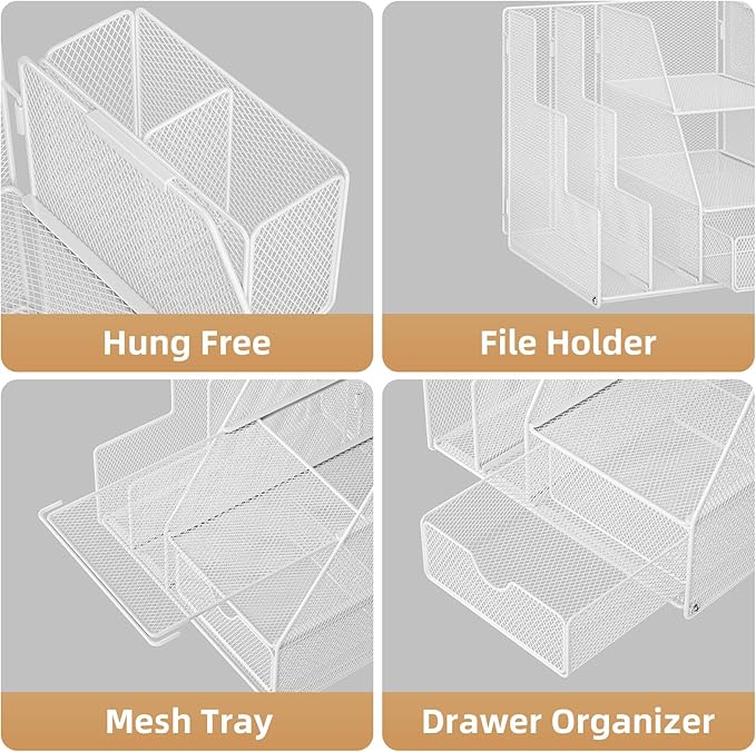 Marbrasse Desk Organizer and Accessories, 3-Tier File Organizer with Drawer and Pen Holder, Small Desktop Organizer and Storage for Workspace Office Supplies White