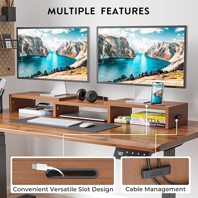 BONTEC Dual Monitor Stand Riser with Smartphone Holder, Adjustable Length & Swivel Angle, Ergonomic Wooden Desktop Organizer for PC Monitor, Laptop, Printer, Large Storage, Walnut