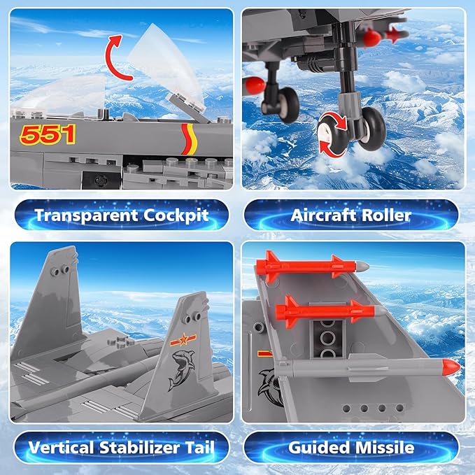 Oichy Fighter Building Sets Flying Shark Carrier-Based Air Force Building Block Set (285 Pieces), Aircraft Jet Building Toys Gifts for 6+ Kids and Adults, Large
