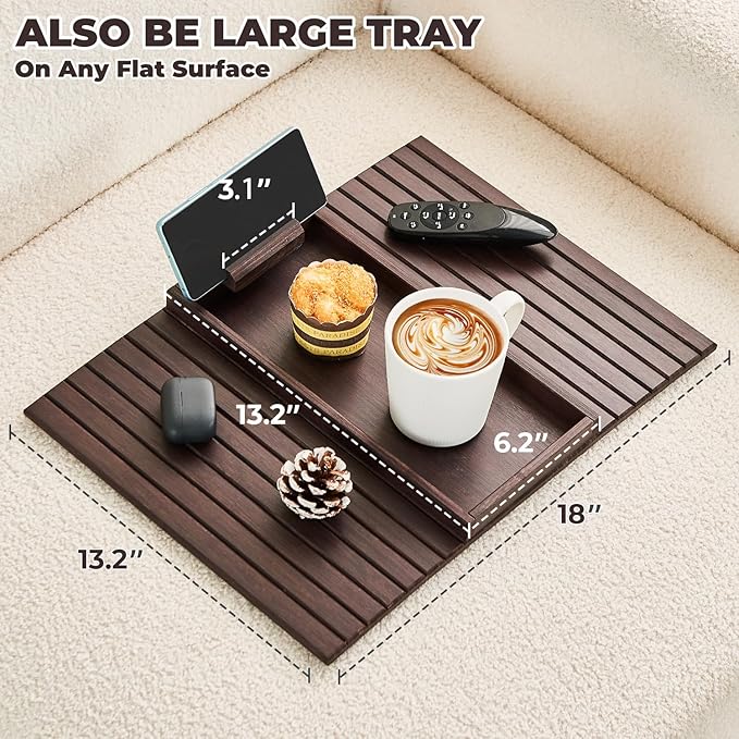 Bamboo Sofa Arm Tray, Anti Falling Couch Arm Tray Armrest Table with 360° Rotating Phone Holder, Foldable and Portable Sofa Armrest Trays Cup Holder for Drink,Cups, Phone, Snacks, Remote