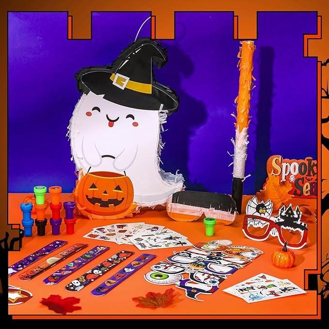 Jenaai 50 Pcs Halloween Piñatas Party Favors Include Large Piñatas with Blindfold Slap Bracelets Paper Eyeglasses Glow in the Dark Stickers and Stamper Halloween Party Supplies(Ghost)