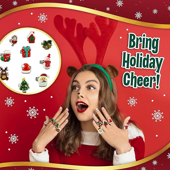 Christmas Stocking Stuffers Jewel Rings for Kids, Set of 10 Christmas-Themed Adjustable Holiday Dress-Up Rings for Girls in Christmas Tree Gift Box, Christmas Gift for Girls Age 3 4 5 6 7 8 and Up