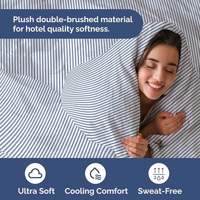 Duvet Cover Twin/Twin XL Size Set - Extra Soft Duvet Cover 68 x 90 with 1 Pillow Sham - Hotel Luxury, Easy Care and Fade Free w/ Zipper Closures & Ties - Comfy, Breathable Bedding Set (Blue Stripes 2)