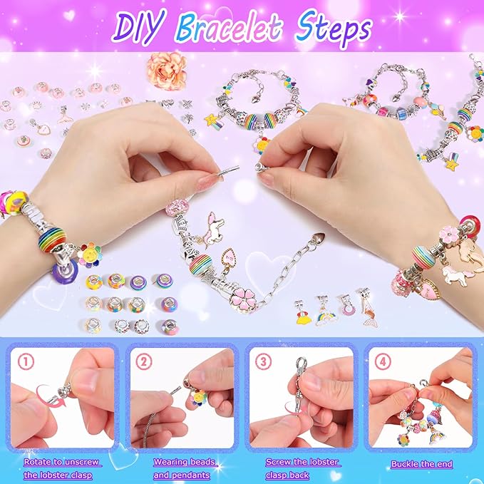 Charm Bracelet Making Kit for Girls 8-12, DIY Bead Jewelry Making Kit with Box, Arts and Crafts for Kids 6-8 Gifts for Girl Toys Age 6 7 8 9 10 11 12 Festival Birthday