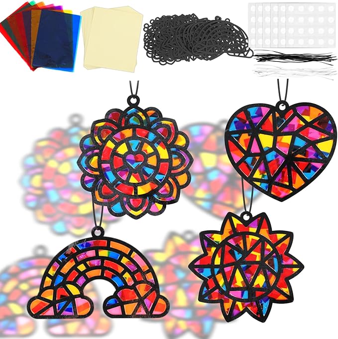 32Pcs Window Suncatcher Kit Spring Window Art DIY Suncatcher Crafts for Kids Rainbow Heart Sun Catcher Craft Stained Glass Effect Tissue Paper Valentine's Day Party Favors Classroom Decor