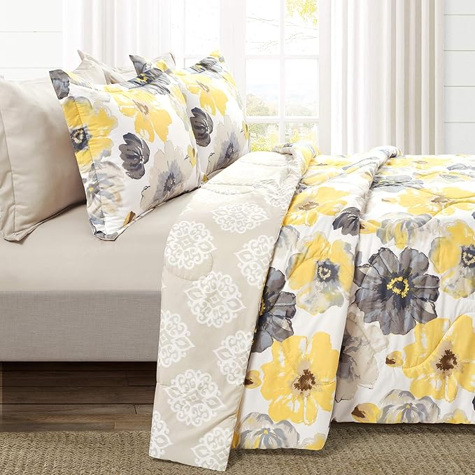 Lush Decor Leah Reversible Comforter Set, 6 Piece Set, Full/Queen, Yellow & Gray- Watercolor Botanical Comforter Queen Size-Farmhouse Florals Bedding Decor