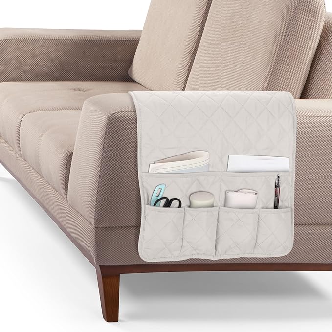 uxcell Couch Sofa Armrest Organizer Non-Slip Chair Arm Recliner Remote Control Organizer with 6 Pockets for Books, Magazines, Tablet, Phone, Plaid White