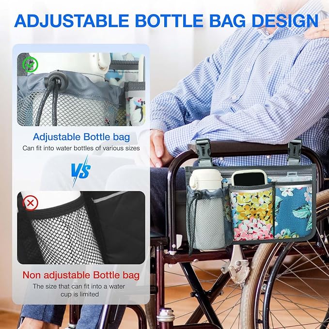 Wheelchair Bag, Walker Bag, Wheelchair Side Bag, Armrest Organizer Pouch with Cup Holder Attachment and Reflective Strip, Accessories for Most Wheelchairs, Walker, Rollators, Blue Flowers