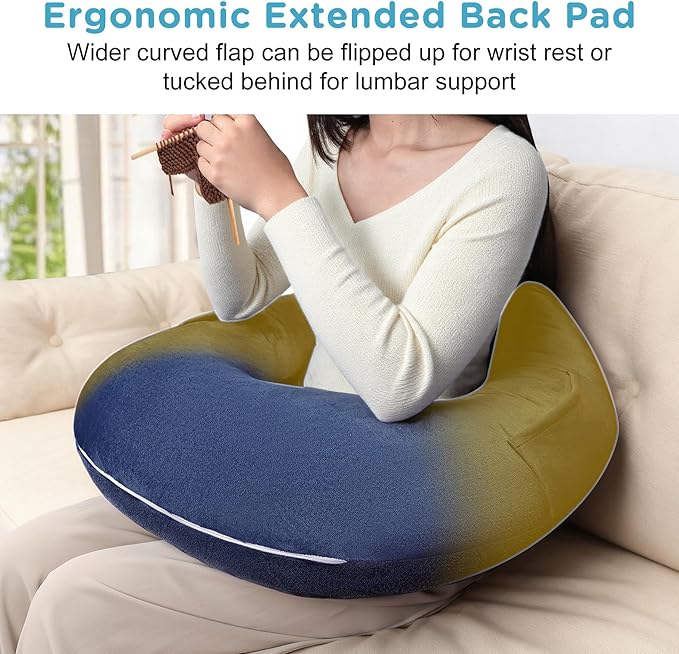 Crochet Lap Support Pillow - Multi-Purpose Reading Pillow for Gaming/Working/Nursing, with Removable Extra Back Pillow for Lumbar & Back Support, Enlarged U-Shape Gaming Lap Pillow, Blue