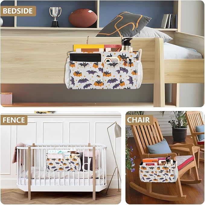 White Halloween Bats and Stars Bedside Caddy for Dorm Bed Bedside Hanging Caddy Bag Iron Frame Storage Organizer Pocket for Bunk Home College Hospital Beds 2 Hooks