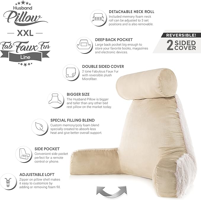 Husband Pillow XXL Baby Golden Wolf Fabulous Faux Fur Backrest, Two-Tone Reversible Double Sided Reading & Bed Rest Pillow with Arms & Neck Roll, Adjustable Memory Foam - Sit Up Extremely Comfy