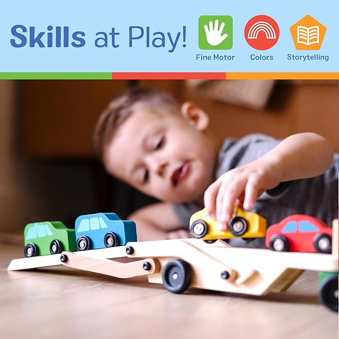 Melissa & Doug Car Carrier Truck and Cars Wooden Toy Set With 1 Truck and 4 Cars Wooden Vehicle Toys, Push And Go Trucks For Toddlers And Kids Ages 3+