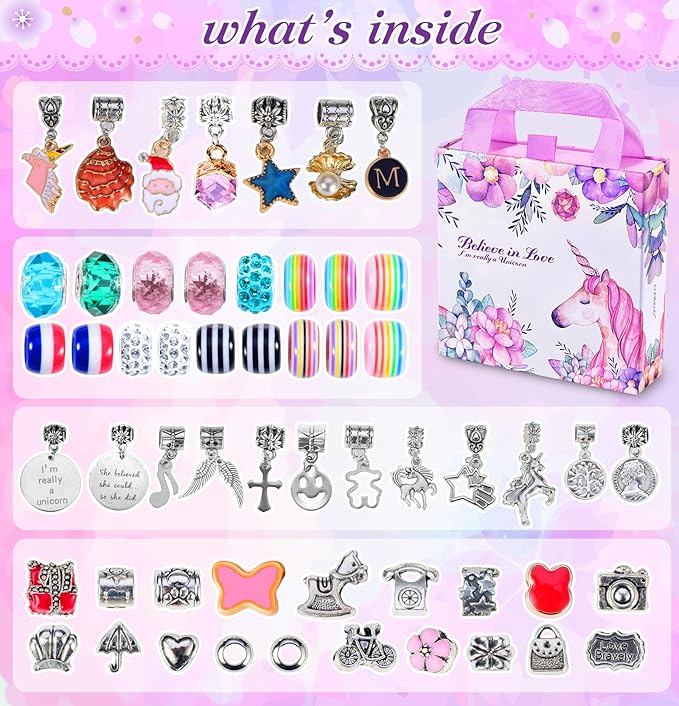 Girls Charm Bracelet Making Kit: Girl Toys Make Jewelry Supplies Set Unicorn DIY Craft Art Set Charm Bracelets Kits Creative Birthday Gifts for Girl Age 6 7 8 9 10 11 12 Year Old Kids Little Children