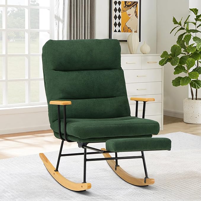 Rocking Chair with Footrest-Glider Rocker Chair with Retractable Footrest and Adjustable Backrest, Teddy Upholstered Rocking Chair Set of 2, Accent Chair for Living Room/Nursery/Bedroom/Outdoor-Green