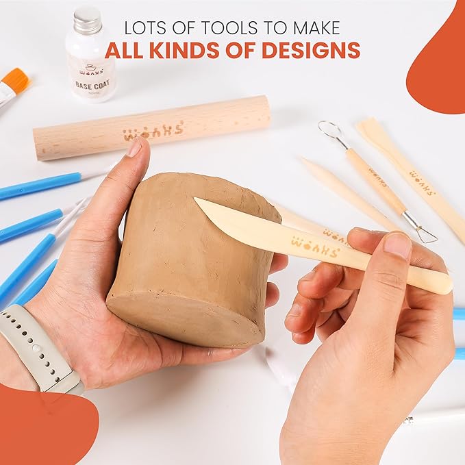 Air Dry Clay Pottery Kit for Adults & Kids - 30 Piece Kit - Acrylic Paint & Sculpting Tools Included - Carving Kit, Clay Sponge & More - A Complete Beginners Pottery Set - 2KGs of Clay Included