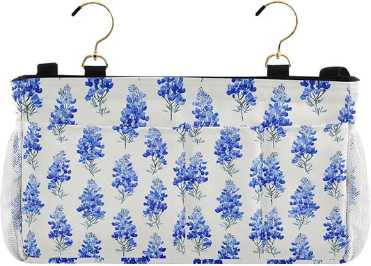 Watercolor Bluebonnets Bedside Caddy for Dorm Bed Bedside Hanging Caddy Bag Iron Frame Storage Organizer Pocket for Bunk Home College Hospital Beds 2 Hooks