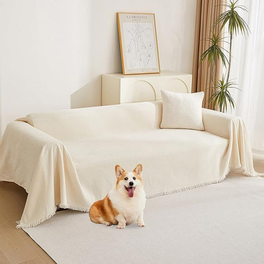 MYSKY HOME Couch Cover for Pets Beige Couch Covers for 2 Cushion Couch Sofa Couch Cover Sectional L Shape Chenille Couch Cushion Covers for Pets, Throw Couch for Dogs, Kids,71" X118"
