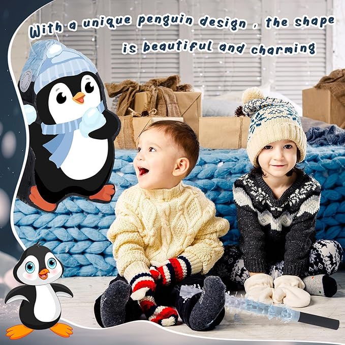 Lewtemi 15.1 Inch Penguin Piñata Winter Penguin Party Supplies Candy Animal Piñata with Stick Confetti and Blindfold Gift for Boy Girl Adults Winter Theme Birthday Party Supplies Decorations (Elegant)