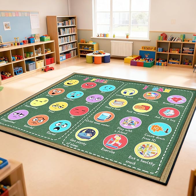 Classroom Rug Elementary 5x7ft for Playroom, Educational Smiley Face Kids Play Mat, Calming Corner Sensory Emotion Feelings Rug for Kids Room Nursery Bedroom, Non-Slip Washable(Green)