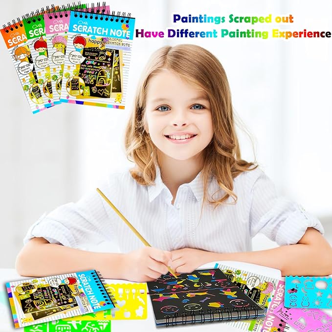 24 Pack Scratch Notebooks,Rainbow Scratch Paper Art Notebooks,Scratch Note Pads for Kids Rainbow Party Favors,Scratch Arts and Crafts Notebooks with 24 Wooden Stylus & 12 Drawing Stencils