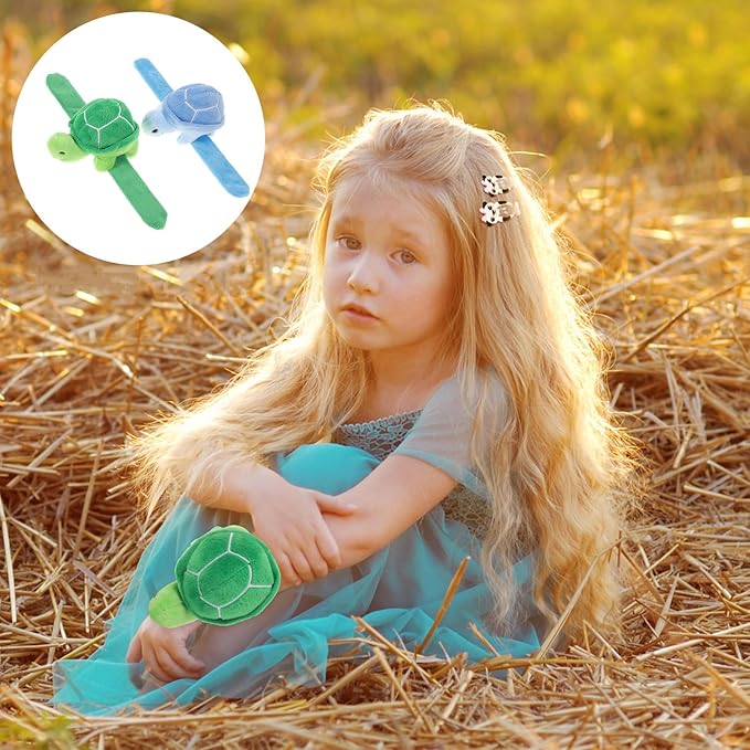 LOGOFUN 2Pcs Turtle Slap Bracelet Plush Turtle Stuffed Animal Hug Slap Bracelet Birthday Party Favor for Kids (Green + Blue)