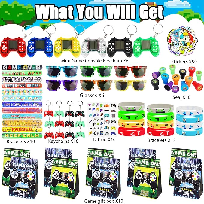 125Pcs Video Game Party Favors for Kids, with Goodie Bag Stuffers Includ Arcade Video Game Keychain Glasses Bracelets Stamps Tattoos Stickers etc, for Kids Boys Girls Birthday Party Favor Supplies