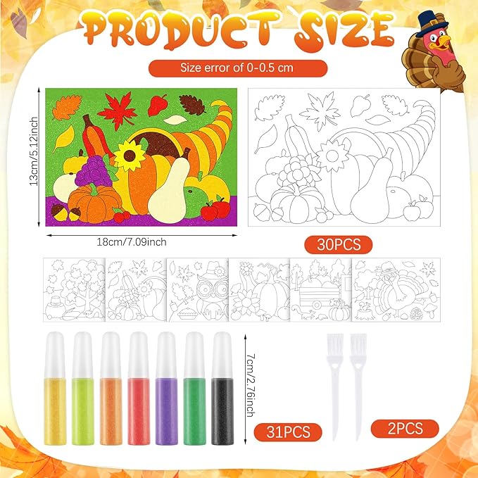 30 Sets Fall Thanksgiving Sand Art Kits for Kids DIY Fall Harvest Craft Sand Painting Colored Sand Art Painting Cards Set for Children DIY Arts Fall Theme Educational Learning Activities