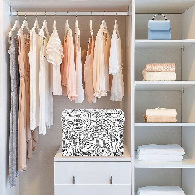 senya Large Storage Bins with Linen Collapsible Foldable Storage Cubes Fabric Closet Organizer Containers box with Flip-Top Lid for Home Bedroom Office 16.7 x 12.6 x 11.8in (Line)