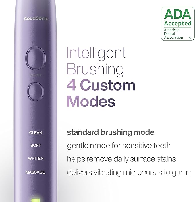 Aquasonic Vibe Series Ultra-Whitening Toothbrush – ADA Accepted Electric Toothbrush - 8 Brush Heads & Travel Case – 40,000 VPM Motor & Wireless Charging - 4 Modes w Smart Timer – Satin Violet