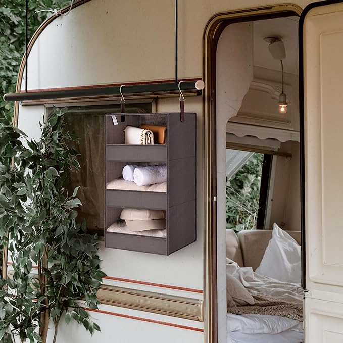 GRANNY SAYS 3-Shelf Closet Organizers and Storage, Foldable Hanging Closet Organizer, Hanging Closet Shelves with 2 Metal Hooks, Leak-Proof Hanging Shelves for Closet, Bedroom, RV, Camper, Dark Brown