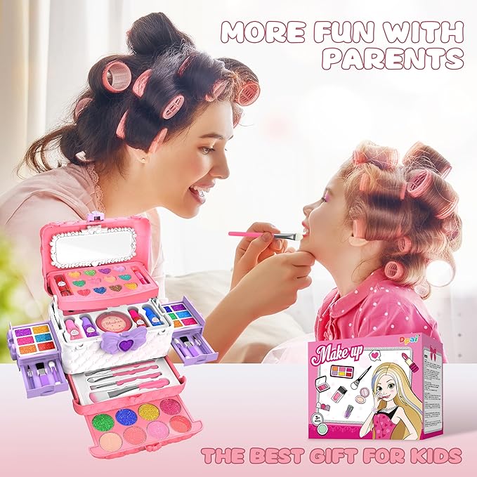 54 Pcs Kids Makeup Kit for Girls, Princess Real Washable Pretend Play Cosmetic Set Toys with Mirror, Non-Toxic & Safe, Birthday Gifts for 3 4 5 6 7 8 9 10+Years Old Girls Kids (Pink White)