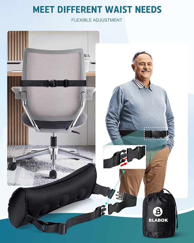 Inflatable Lumbar Pillow for Airplane Travel Lumbar Support Pillow for Car, Office Chair Back Support Office Chair Back Support for Reducing Lower Back Pain (Black)